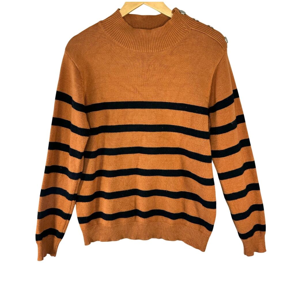 KIRUNDO Women's Sweater Knit Striped Mock Neck Button Shoulder size M